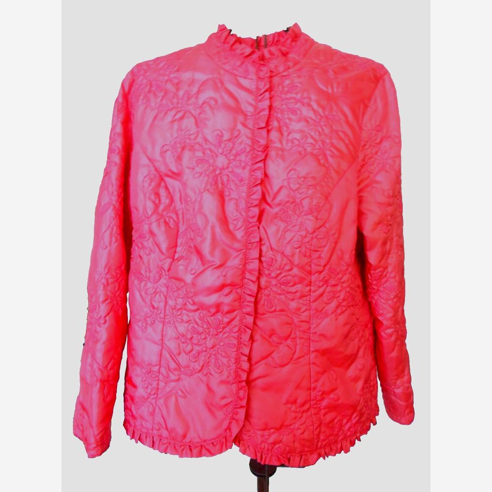 Chico's Sz 2 L Peach Pink Satin Evening Jacket Ruffled Quilted Party Cocktail LN